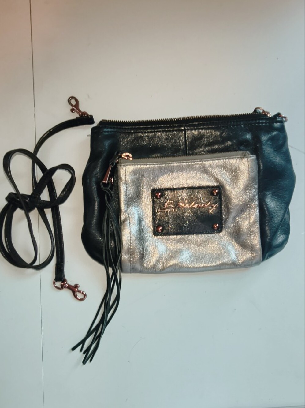 b. makowsky Black and Silver Metallic Two-Tone Crossbody with Tassel